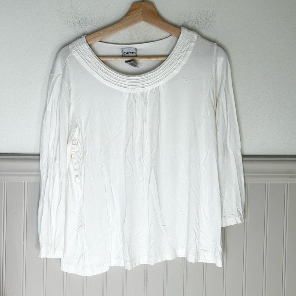 Chico's Size 2 Large White Beaded Neckline Long Sleeve Top women’s